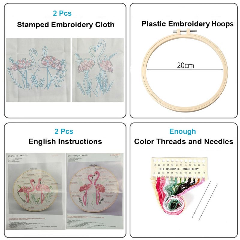 Konrisa Flamingo Embroidery Kit for Beginners with Pattern Floral Stamped Full Range of Embroidery Starter Kit for Adults Cross Stitch Kit with Embroidery Cloth, Hoops, Color Thread and Tools,Set of 2 - Image 2